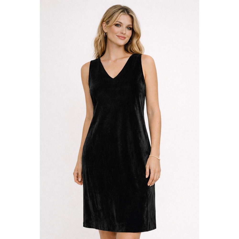 F1 Garnet Hill Black Velvet Sleeveless Shift Dress‎ 10 Minimalist Cocktail Silk